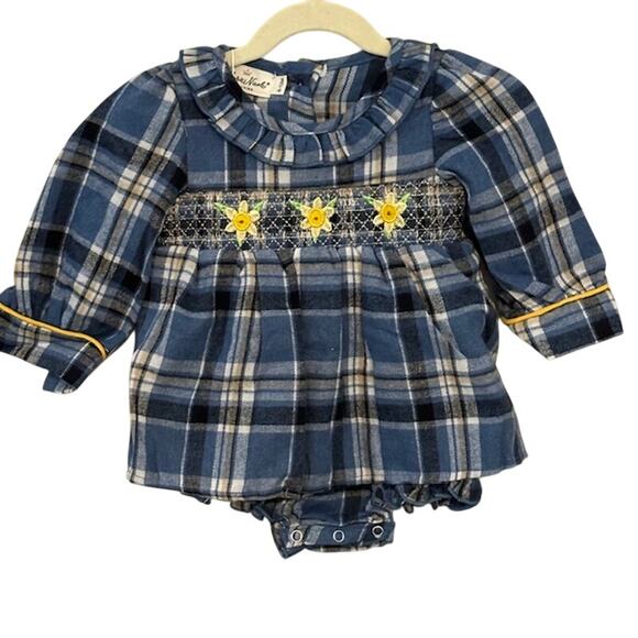 Marie Nicole Other - Baby Girls 6-12 M Blue Plaid Yellow Embroidered Flowers One-Piece 100% Cotton